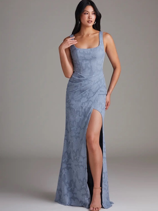 Azazie Dresses & Skirts - Azazie Dusty Blue Sheath Pleated Floral Burnout Bridesmaid Dress